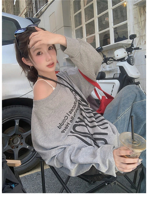 T-Shirts Women Off-shoulder Loose Fit Lazy Style All-match Young Students High Street Korean Fashion Spring Daily Tops Trendy