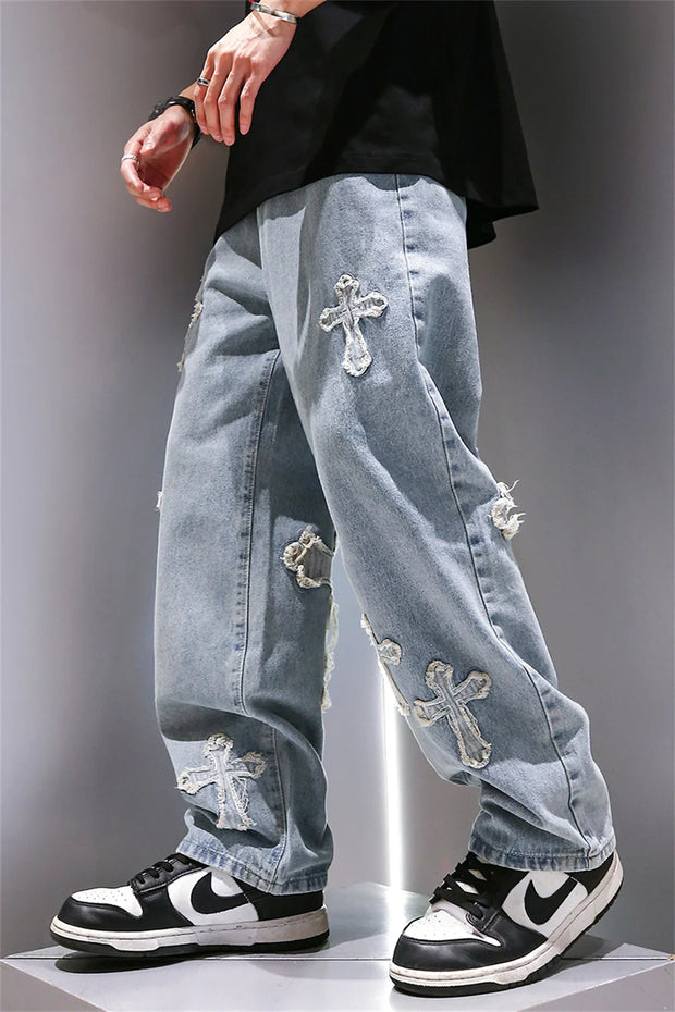 High Street Jeans Men Cross Graphic Baggy Denim Pants Unisex Young Streetwear Blue Loose Punk Casual Fashion Y2k Trousers Summer
