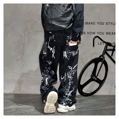 American Hip Hop Baggy Jeans Mens Clothing Streetwear Paint Graffiti Black Skateboard Street Dance Pants Kpop Denim Trousers