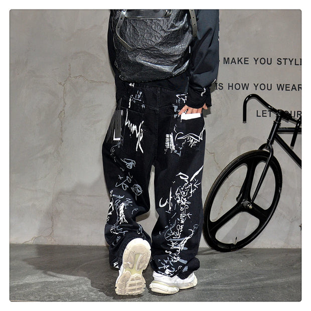 American Hip Hop Baggy Jeans Mens Clothing Streetwear Paint Graffiti Black Skateboard Street Dance Pants Kpop Denim Trousers