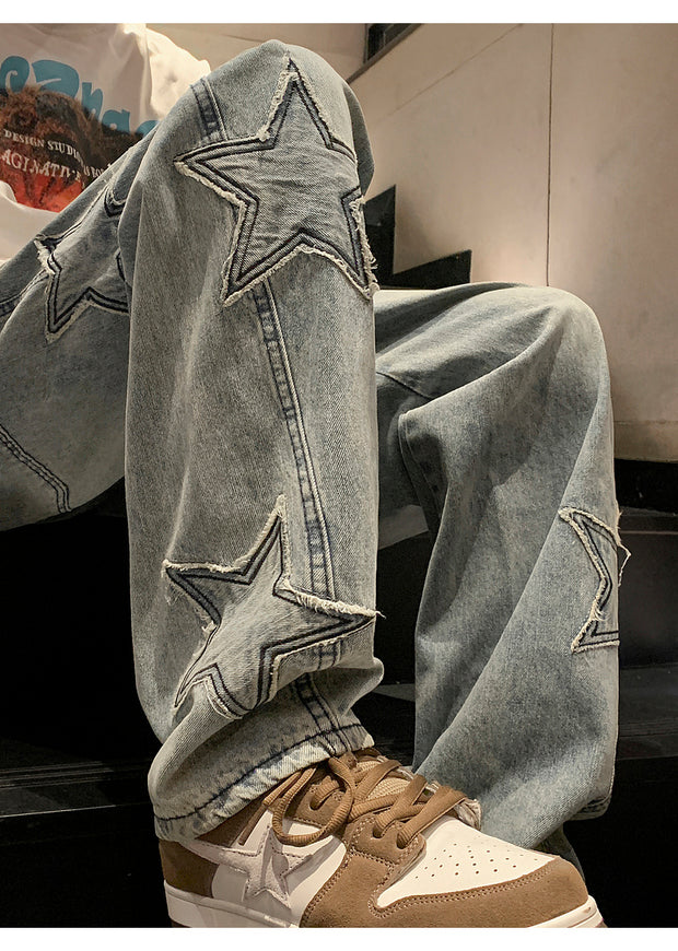 Star Embroidery Straight Casual Men Jeans Gothic Neutral New Wide Leg Loose Hip-hop Fashion Youth Streetwear Denim Trousers Y2K