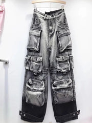 DEAT Fashion Gradient Multiple Pockets Design Jeans Women's Single Button High Waist Denim Pants 2025 Spring Female New 11XX4925