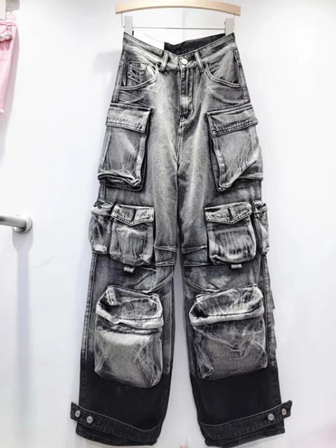 DEAT Fashion Gradient Multiple Pockets Design Jeans Women's Single Button High Waist Denim Pants 2025 Spring Female New 11XX4925