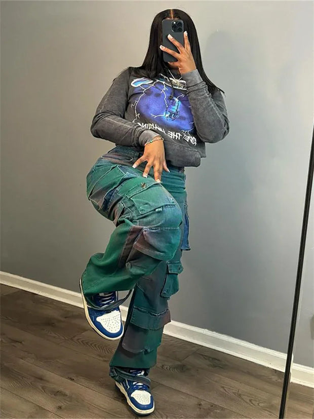 Streetwear Jeans Pants Fall Clothes 2024 Women High Wasit Multi Pocket Straight Denim Pants Female Fashion Jean Trousers Bottoms