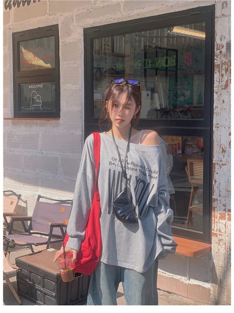 T-Shirts Women Off-shoulder Loose Fit Lazy Style All-match Young Students High Street Korean Fashion Spring Daily Tops Trendy