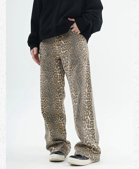 American Retro Leopard High Waist Baggy Jeans Womens Casual Pockets Hip-hop Pants 2024 Spring Y2K Oversize Panther Denim Trouser