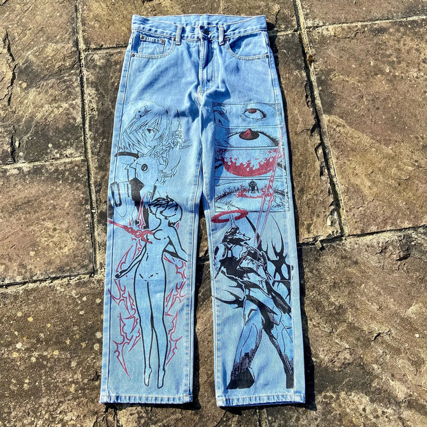 Harajuku Anime Graphic wide leg jeans High Waist Jeans Pants Women new Japanese Style Streetwear Y2K Jeans for Men Wide Trouser