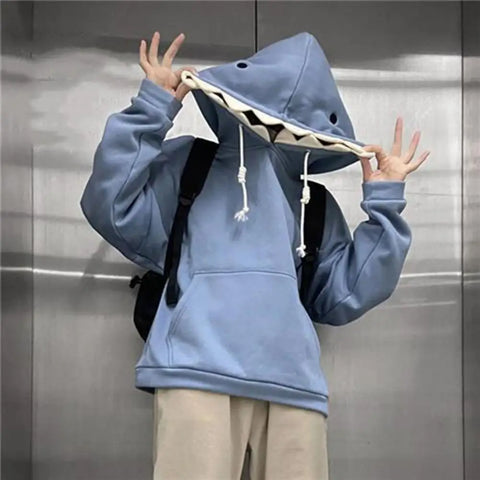 Autumn Winter Fun Shark Patch Hooded Hoodies Men Sport Casual Loose Trendy Couple's Pullover Hoodies
