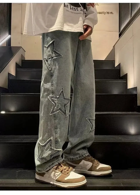 American High Street Style Men's Jeans Autumn Winter Straight Leg Loose Floor-Length Wide Leg Pants Casual Fashion