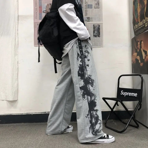 Japanese Y2k Oversize Graphic Wide Sweatpants Men Streetwear Print Casual Track Pants Male Sport Straight Trousers