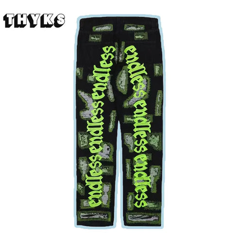 Letter Embroidery Jeans for Men High Street Gothic Style Streetwear Men Straight Baggy Causal Denim Trousers Unisex Spring