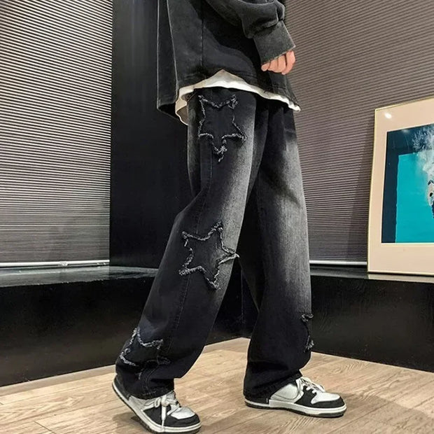 Hip Hop High Street Baggy Denim Trousers 2025 Men Star Embroidery Straight Casual Jeans Male New Fashion Straight Wide Leg Jeans
