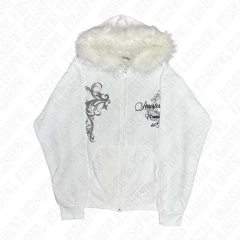 Dark Faux Fur Collar Harajuku Punk Y2K Zip up hoodie High street Skull Zipper Hoodie sweatshirt Retro Hip Hop Top Gothic Jacket
