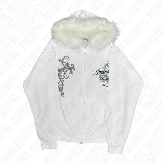Dark Faux Fur Collar Harajuku Punk Y2K Zip up hoodie High street Skull Zipper Hoodie sweatshirt Retro Hip Hop Top Gothic Jacket