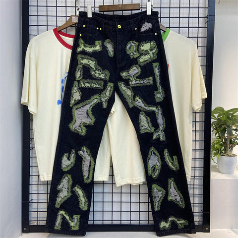 Letter Embroidery Jeans for Men High Street Gothic Style Streetwear Men Straight Baggy Causal Denim Trousers Unisex Spring