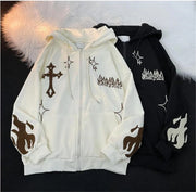 Embroidered Vintage Cardigan Jacket Autumn Winter Hip Hop Hoodie Men and Women Y2K Coat Goth High Street Retro Hoodies Loose Top