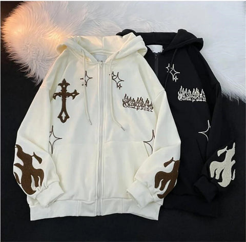 Embroidered Vintage Cardigan Jacket Autumn Winter Hip Hop Hoodie Men and Women Y2K Coat Goth High Street Retro Hoodies Loose Top