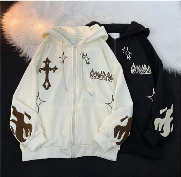 Embroidered Vintage Cardigan Jacket Autumn Winter Hip Hop Hoodie Men and Women Y2K Coat Goth High Street Retro Hoodies Loose Top
