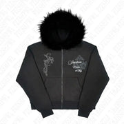 Dark Faux Fur Collar Harajuku Punk Y2K Zip up hoodie High street Skull Zipper Hoodie sweatshirt Retro Hip Hop Top Gothic Jacket