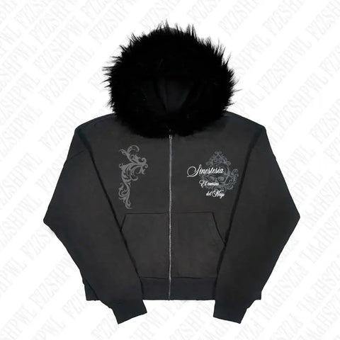 Dark Faux Fur Collar Harajuku Punk Y2K Zip up hoodie High street Skull Zipper Hoodie sweatshirt Retro Hip Hop Top Gothic Jacket