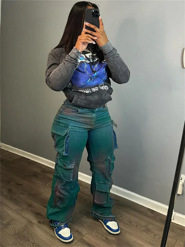 Streetwear Jeans Pants Fall Clothes 2024 Women High Wasit Multi Pocket Straight Denim Pants Female Fashion Jean Trousers Bottoms