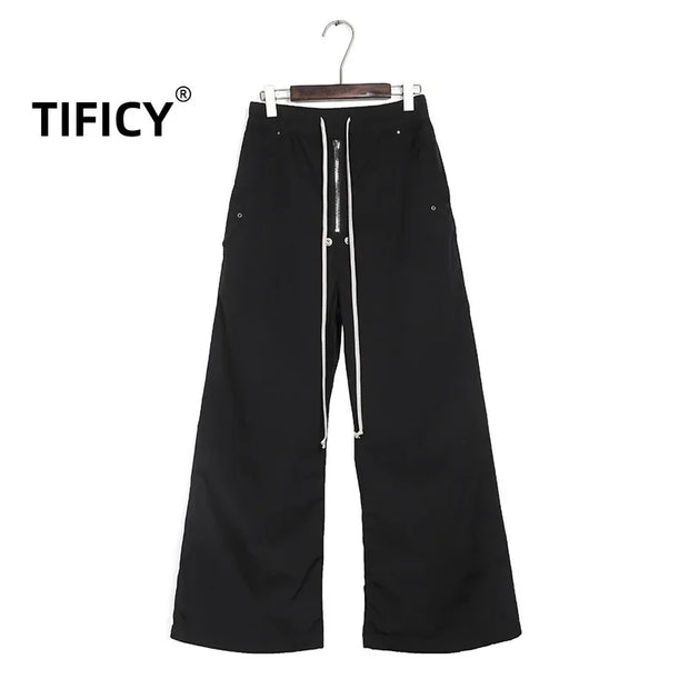 High Street Men's and Women's Dark RO Wide Leg Zipper Loose Straight Tube Micro Flared Casual Pants Men Clothing