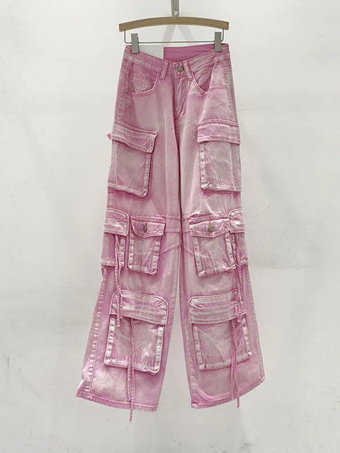 Pink Multi Pocket Overalls Jeans Female Y2K Punk Hip Hop Gothic Loose Fashion Jeans 2024 Autumn New American Retro High Street