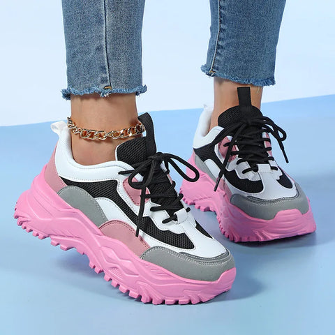 Pink Platform Sneakers Women Thick Sole Korean Chunky Sneakers 2025 Fashion Dad Shoes Woman Spring Height Increasing Sneakers