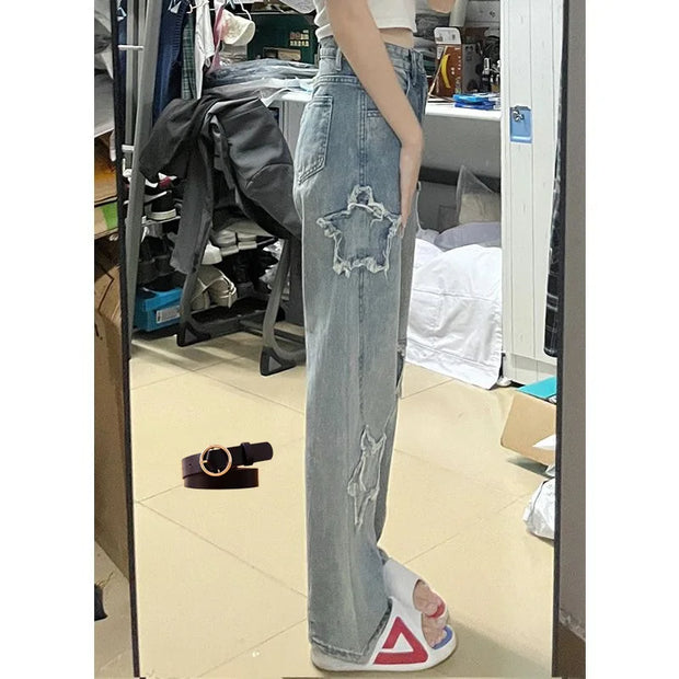 Blue Embroidered Jeans Women, Spring and Autumn New Design, Niche Loose Straight Wide-Leg Pants Trend