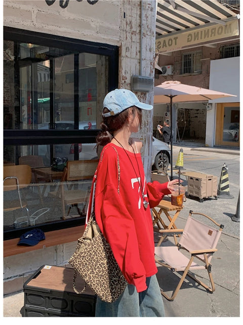 T-Shirts Women Off-shoulder Loose Fit Lazy Style All-match Young Students High Street Korean Fashion Spring Daily Tops Trendy