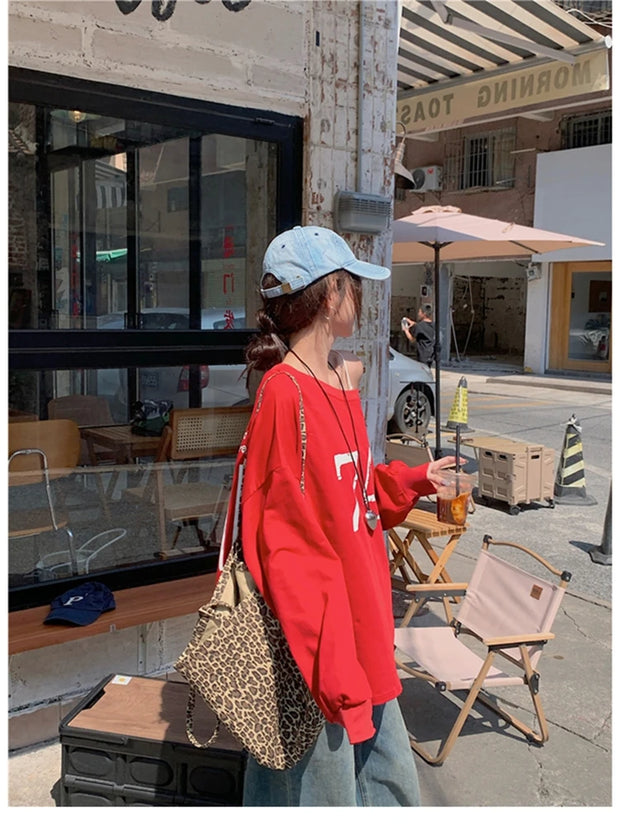 T-Shirts Women Off-shoulder Loose Fit Lazy Style All-match Young Students High Street Korean Fashion Spring Daily Tops Trendy