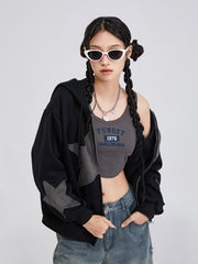 Winter Casual Hooded Coat Women Long Sleeve Star Print Zip Up Drawstring Hoodie Gothic Loose Outwear