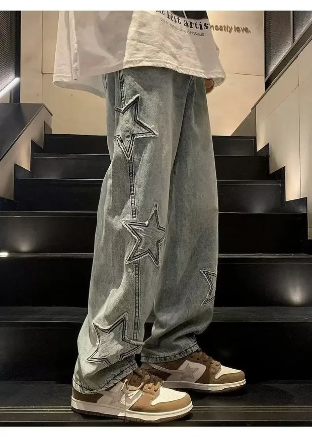 American High Street Style Men's Jeans Autumn Winter Straight Leg Loose Floor-Length Wide Leg Pants Casual Fashion