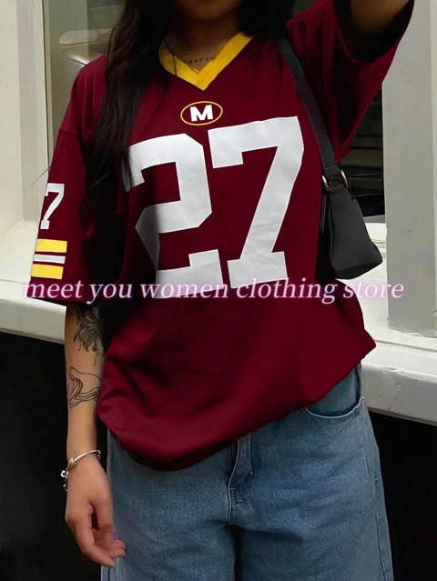 Number NO.27  Print Woman NO.36 T Shirt Girl Oversize Daily Top Female Creativity Streettshirt V-Neck T-Shirt Casual Clothes