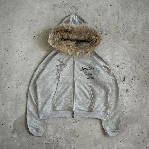 Dark Faux Fur Collar Harajuku Punk Y2K Zip up hoodie High street Skull Zipper Hoodie sweatshirt Retro Hip Hop Top Gothic Jacket