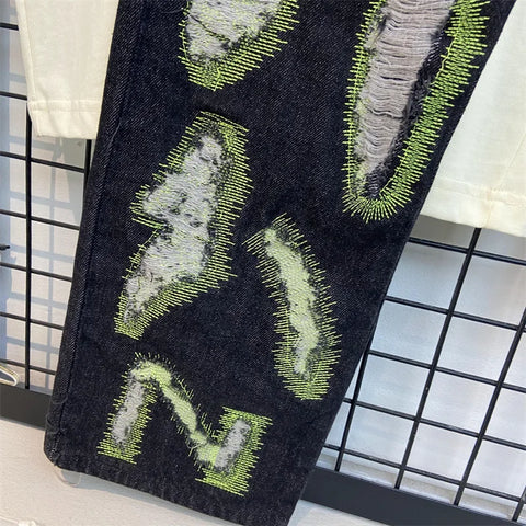 Letter Embroidery Jeans for Men High Street Gothic Style Streetwear Men Straight Baggy Causal Denim Trousers Unisex Spring