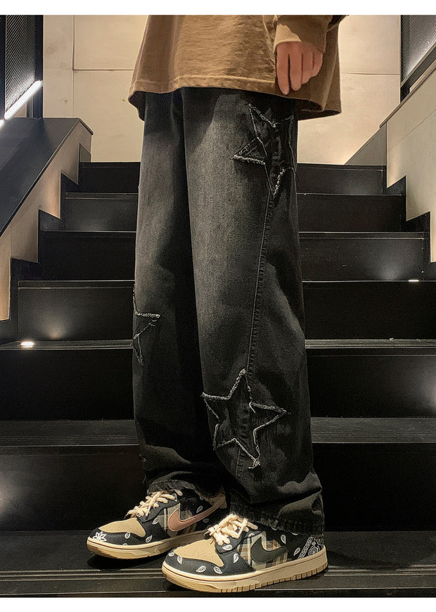 Star Embroidery Straight Casual Men Jeans Gothic Neutral New Wide Leg Loose Hip-hop Fashion Youth Streetwear Denim Trousers Y2K