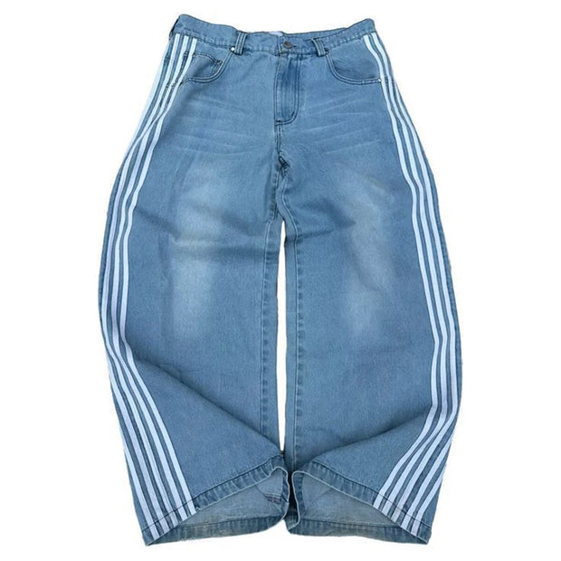 American Harajuku Style Baggy Jeans Y2K Streetwear Striped Denim Pant Men Women Casual Wide Leg Trousers Trendy High Street Pant