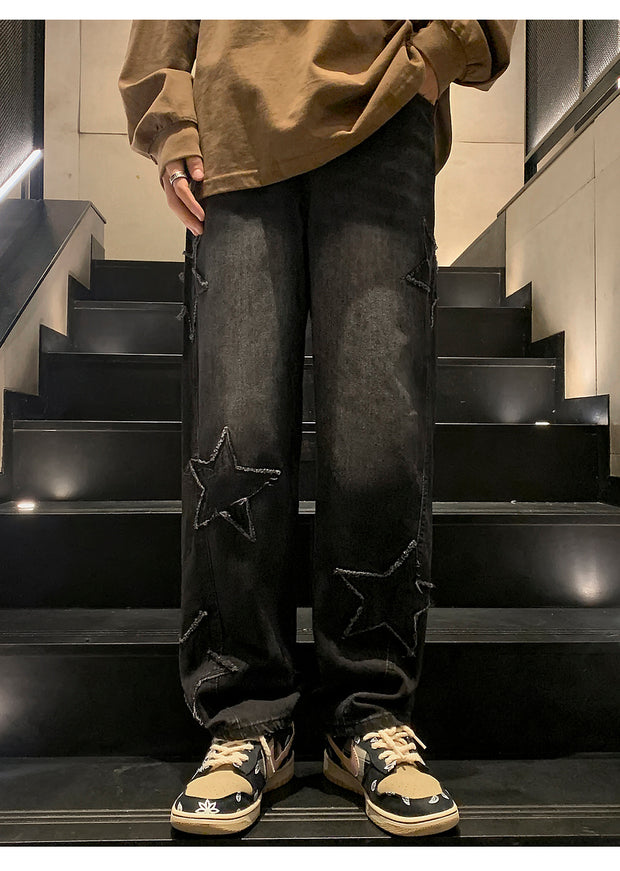 Star Embroidery Straight Casual Men Jeans Gothic Neutral New Wide Leg Loose Hip-hop Fashion Youth Streetwear Denim Trousers Y2K