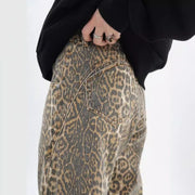 American Retro Leopard High Waist Baggy Jeans Womens Casual Pockets Hip-hop Pants 2024 Spring Y2K Oversize Panther Denim Trouser