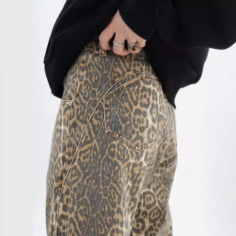 American Retro Leopard High Waist Baggy Jeans Womens Casual Pockets Hip-hop Pants 2024 Spring Y2K Oversize Panther Denim Trouser