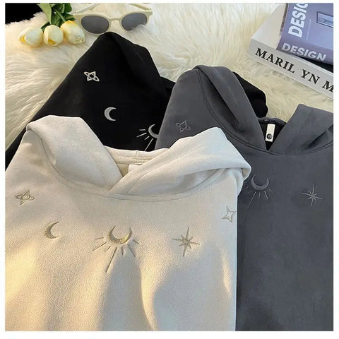 Men's hooded sweatshirt, oversized baggy sweater with Gothic star logo, American hip hop fashion sweatshirt, gray, winter