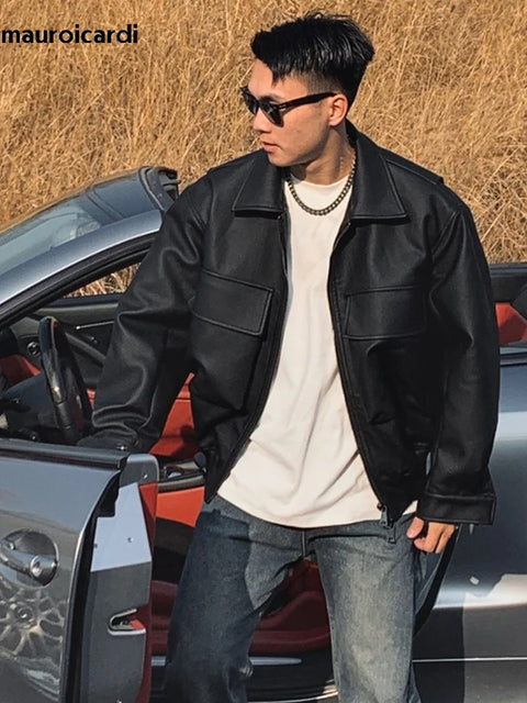 Mauroicardi Spring Cool Handsome Oversized Short Matte Black Pu Leather jacket Men Zipper Pockets Loose Luxury Designer Clothes