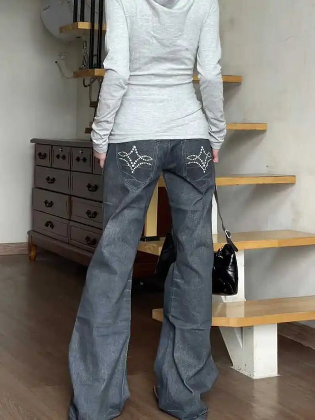 Women Harajuku Flare Jeans Grunge Japanese Harajuku Gyaru Y2K Denim Pants Cyber Punk Hip-pop 2000s Aesthetic Bell-Bottom Trouser