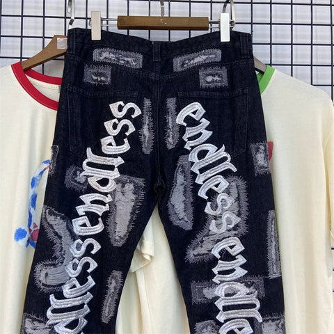 Letter Embroidery Jeans for Men High Street Gothic Style Streetwear Men Straight Baggy Causal Denim Trousers Unisex Spring