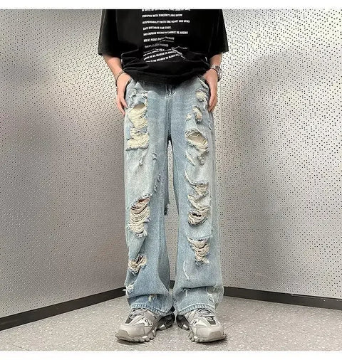 Vintage Distressed Straight-leg Jeans American Style Slimming Bell Bottoms Loose Fit High-waisted Summer Thin Version For Men