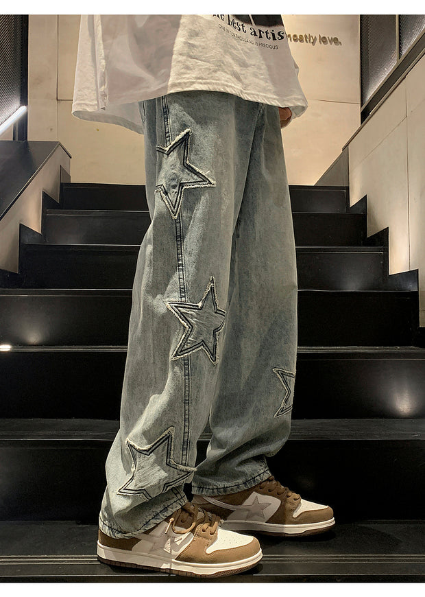 Star Embroidery Straight Casual Men Jeans Gothic Neutral New Wide Leg Loose Hip-hop Fashion Youth Streetwear Denim Trousers Y2K
