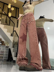 Women Jeans Pants 2025 Summer Y2K Girl Pants Women Loose Straight Elastic Waist Wide Leg Spliced Women Trousers Casual Soft Pant