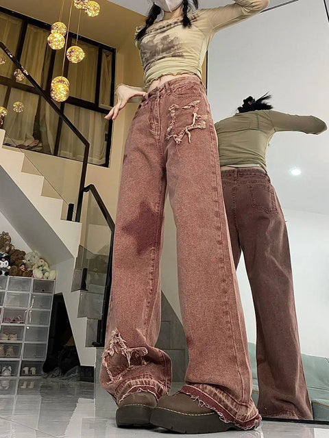 Women Jeans Pants 2025 Summer Y2K Girl Pants Women Loose Straight Elastic Waist Wide Leg Spliced Women Trousers Casual Soft Pant