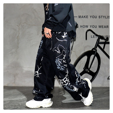 American Hip Hop Baggy Jeans Mens Clothing Streetwear Paint Graffiti Black Skateboard Street Dance Pants Kpop Denim Trousers